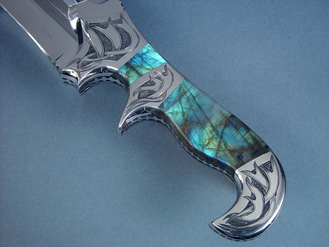 "Aeolus" reverse side view in 440C high chromium stainless steel blade, hand-engraved 304 stainless steel bolsters, Labradorite gemstone handle