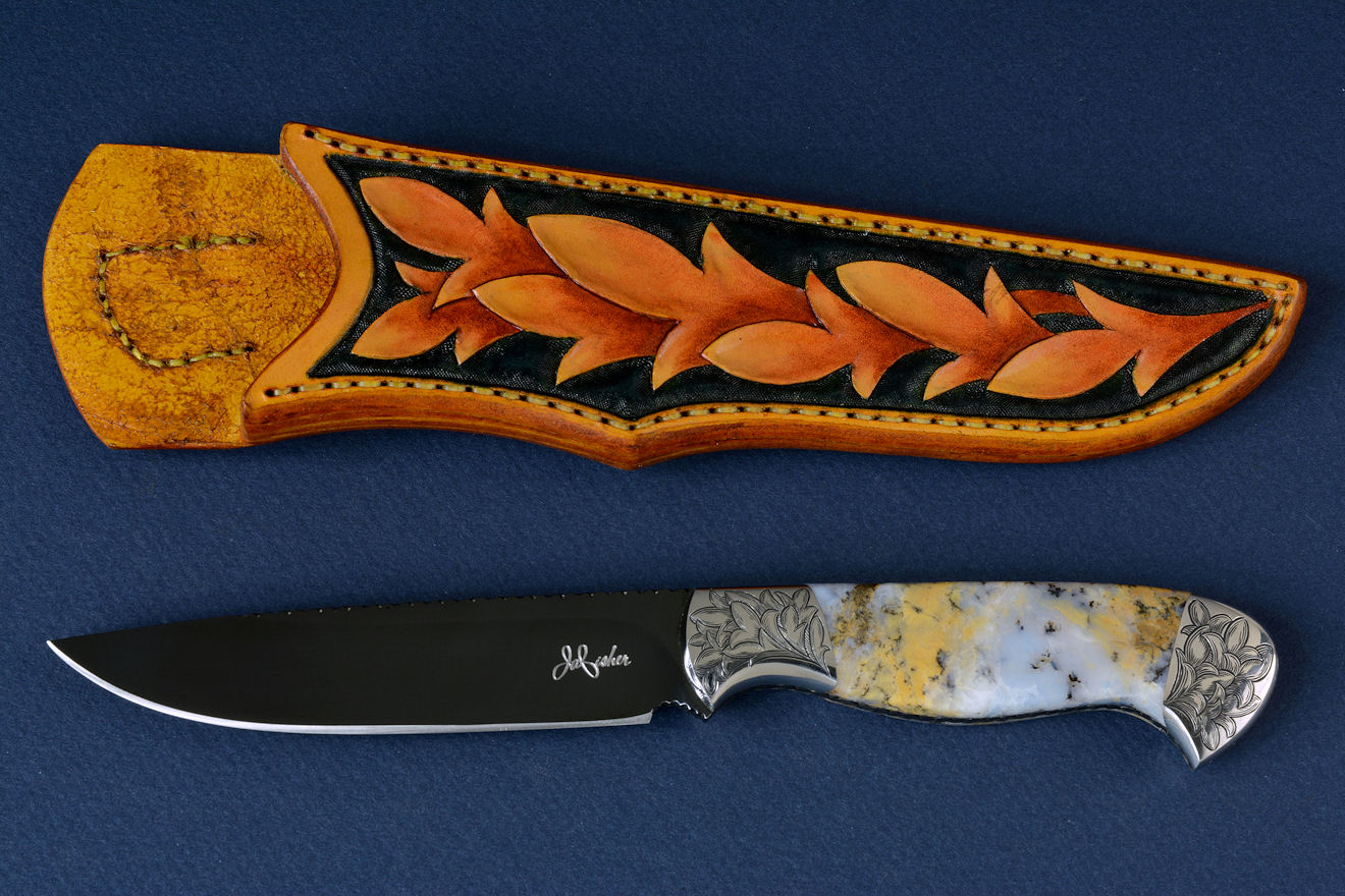 "Aquila" obverse side view in mirror polished and hot blued O1 high carbon tungsten-vandium tool steel blade, hand-engraved 304 stainless steel bolsters, Golden Plume Agate gemstone handle, hand-carved, hand-dyed leather sheath "Aquila" obverse side view in mirror polished and hot blued O1 high carbon tungsten-vandium tool steel blade, hand-engraved 304 stainless steel bolsters, Golden Plume Agate gemstone handle, hand-carved, hand-dyed leather sheath