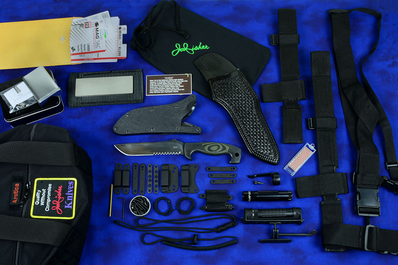 "Arctica" professional tactical, combat, rescue, counterterrorism knife kit, complete, with UBLX, EXBLX, HULA, LIMA, diamond sharpener, leather sheath, sternum harness, lanyards, staps, clamps, hardware, and heavy ballistic nylon duffle "Arctica" professional tactical, combat, rescue, counterterrorism knife kit, complete, with UBLX, EXBLX, HULA, LIMA, diamond sharpener, leather sheath, sternum harness, lanyards, staps, clamps, hardware, and heavy ballistic nylon duffle