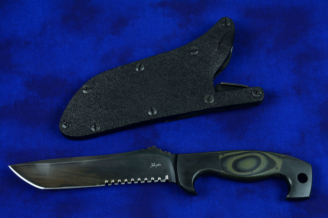 "Arctica" professional tactical, combat, rescue, counterterrorism knife, shadow line, obverse side view in ATS-34 high molybdenum stainless steel blade, 304 stainless steel bolsters, black/olive G10 fiberglass/epoxy laminate composite handle, locking kydex, anodized aluminum, stainless steel, titanium sheath "Arctica" professional tactical, combat, rescue, counterterrorism knife, shadow line, obverse side view in ATS-34 high molybdenum stainless steel blade, 304 stainless steel bolsters, black/olive G10 fiberglass/epoxy laminate composite handle, locking kydex, anodized aluminum, stainless steel, titanium sheath