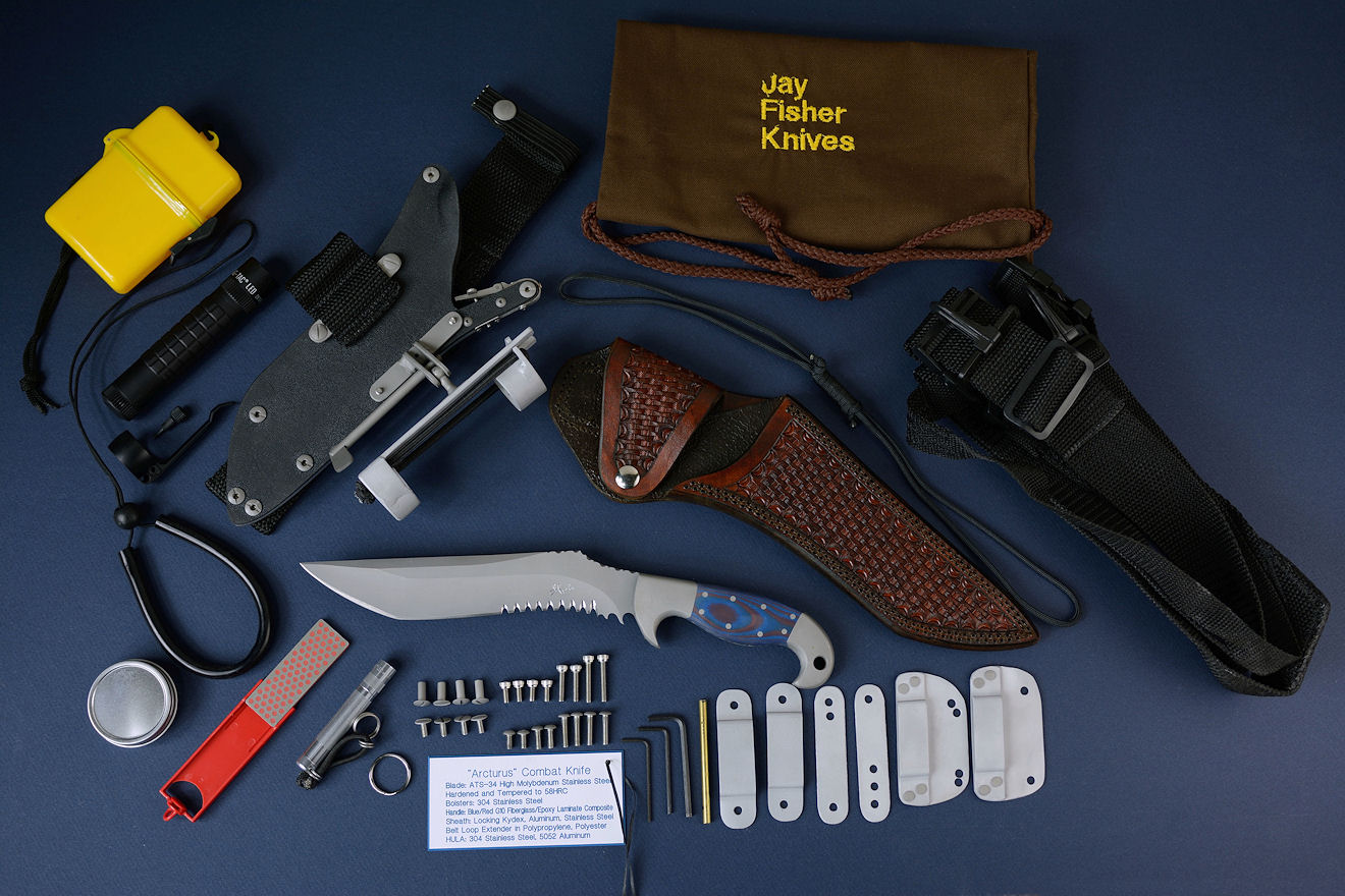 "Arcturus" Tactical Combat, Survival, CSAR knife, obverse side view with complete accessory package for widest variety of wear options "Arcturus" Tactical Combat, Counterterrorism Survival, CSAR knife, obverse side view with complete accessory package for widest variety of wear options