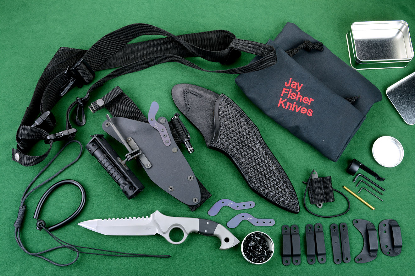 "Ari B' Lilah" Custom Counterterrorism Tactical Combat Knife, full compliment of gear and accessories inlcuding hybrid tension-locking sheath, leather hand-tooled sheath, UBLX, LIMA, HULA, and Sternum Harness Plus with horizontal, vertical belt clamp options, belt loop options, blackend fasteners, lanyards, accessories and mounting tools "Ari B' Lilah" Custom Counterterrorism Tactical Combat Knife, full compliment of gear and accessories inlcuding hybrid tension-locking sheath, leather hand-tooled sheath, UBLX, LIMA, HULA, and Sternum Harness Plus with horizontal, vertical belt clamp options, belt loop options, blackend fasteners, lanyards, accessories and mounting tools