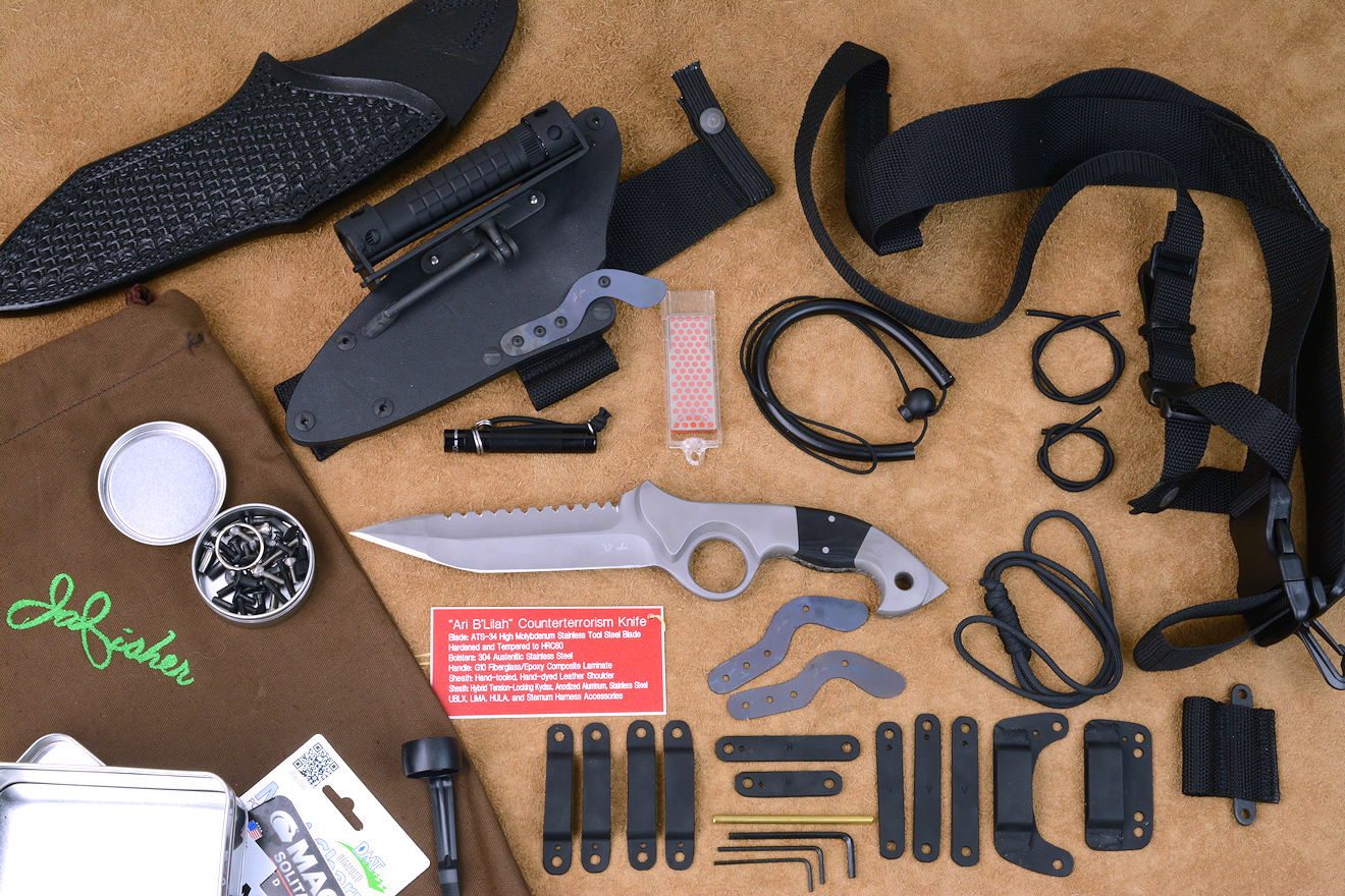"Ari B'Lilah" counterterrorism combat knife with full accessory package: leather sheath, hybrid tension locking sheath, HULA, LIMA, UBLX, SCUBA lanyard, paracord lanyard, sternum harness plus, extra sheath titanium springs, vertical, horizontal flat clamping straps, horizontal belt loop plates, high profile belt loops, low profile belt loops, stainless steel hardware, instructions, archival plate, embroidered canvas bag, hardware containers "Ari B'Lilah" counterterrorism combat knife with full accessory package: leather sheath, hybrid tension locking sheath, HULA, LIMA, UBLX, SCUBA lanyard, paracord lanyard, sternum harness plus, extra sheath titanium springs, vertical, horizontal flat clamping straps, horizontal belt loop plates, high profile belt loops, low profile belt loops, stainless steel hardware, instructions, archival plate, embroidered canvas bag, hardware containers