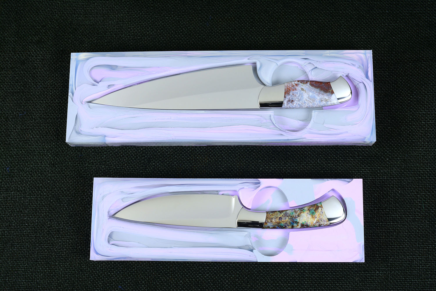 Corvus, CygnusST Chef's knives in CPM154CM powder metal technology and 440C high chromium martensitic stainless steel blades, T3 deep cryogenically treated, 304 stainless steel bolsters, Bay of Fundy Agate and Kaleidoscope stone gemstone handles, hand-cast, hand-dyed silicone prises Corvus, CygnusST Chef's knives in CPM154CM powder metal technology and 440C high chromium martensitic stainless steel blades, T3 deep cryogenically treated, 304 stainless steel bolsters, Bay of Fundy Agate and Kaleidoscope stone gemstone handles, hand-cast, hand-dyed silicone prises