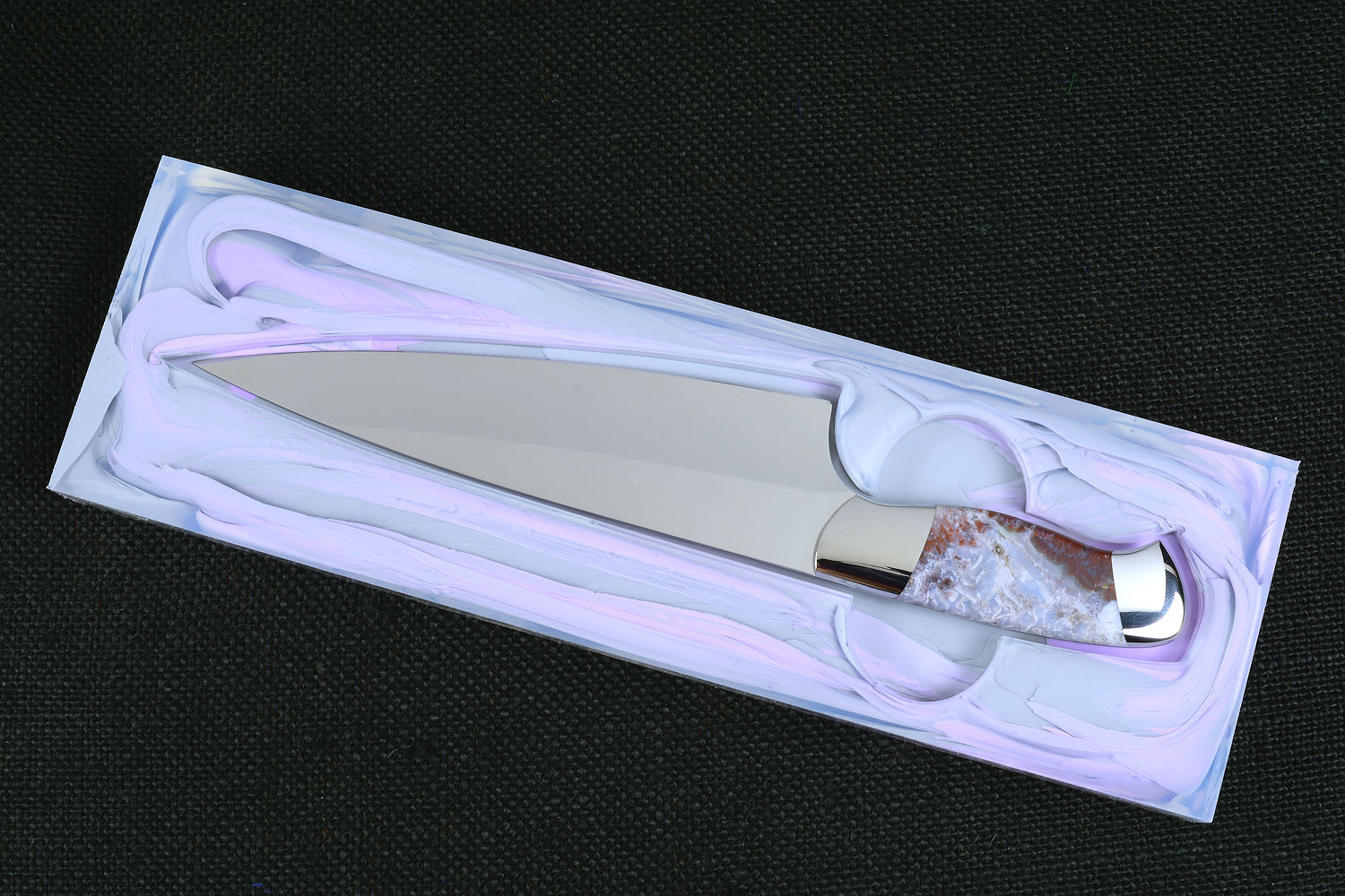 "Corvus" Custom Chef's Knife in T3 Deep cryogenically treated 440C high chromium martensitic stainless steel blade, 304 stainless steel bolsters, Bay of Fundy Agate Fossil gemstone handle, hand-dyed, hand-cast silicone prise "Corvus" Custom Chef's Knife in T3 Deep cryogenically treated 440C high chromium martensitic stainless steel blade, 304 stainless steel bolsters, Bay of Fundy Agate Fossil gemstone handle, hand-dyed, hand-cast silicone prise