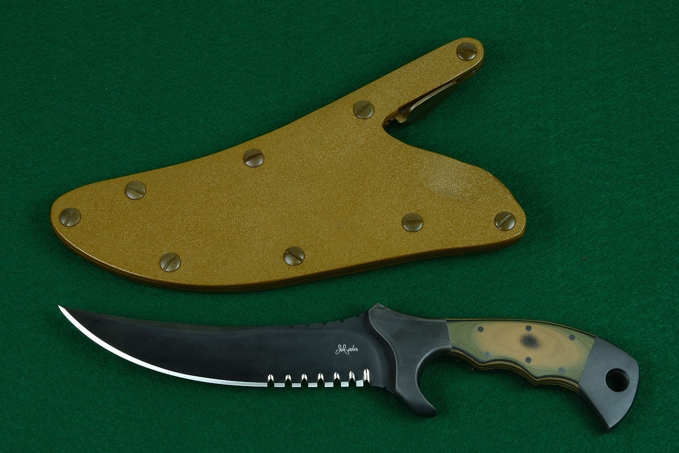 "Ghroth" professional counterterrorism, combat, tactical knife, obverse side view in ATS-34 high molybdenum stainless steel blade, 304 stainless steel bolsters, coyote/black/olive G10 fiberglass/epoxy laminate composite handle, locking kydex, anodized aluminum, stainless steel, titanium sheath "Ghroth" professional counterterrorism, combat, tactical knife, obverse side view in ATS-34 high molybdenum stainless steel blade, 304 stainless steel bolsters, coyote/black/olive G10 fiberglass/epoxy laminate composite handle, locking kydex, anodized aluminum, stainless steel, titanium sheath
