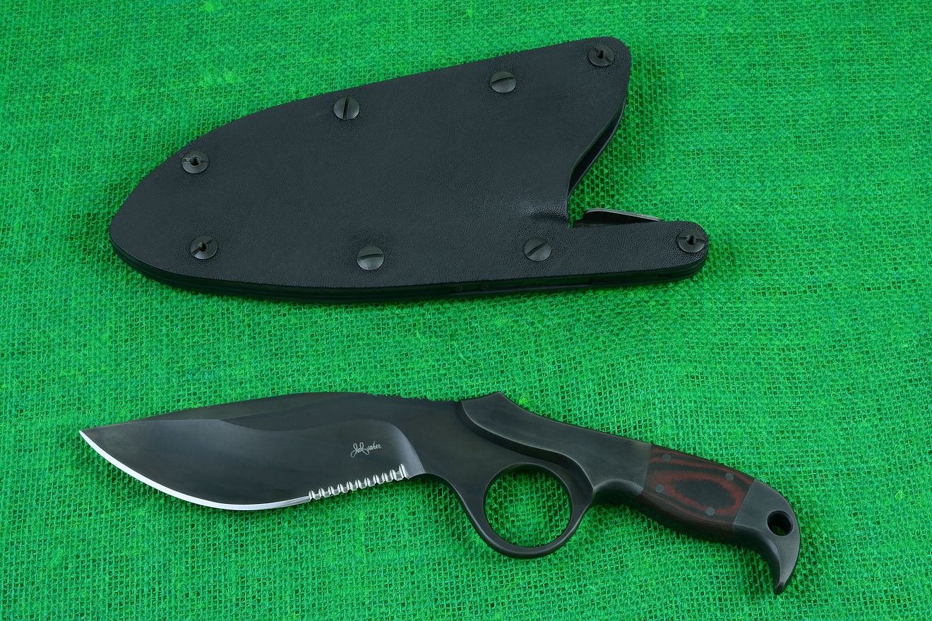 "Kairos" counterterrorism tactical knife in ATS-34 high molybdenum stainless steel blade, 304 stainless steel bolsters, black/red Micarta phenolic handle, locking kydex, aluminum, stainless steel sheath "Kairos" counterterrorism tactical knife in ATS-34 high molybdenum stainless steel blade, 304 stainless steel bolsters, black/red Micarta phenolic handle, locking kydex, aluminum, stainless steel sheath