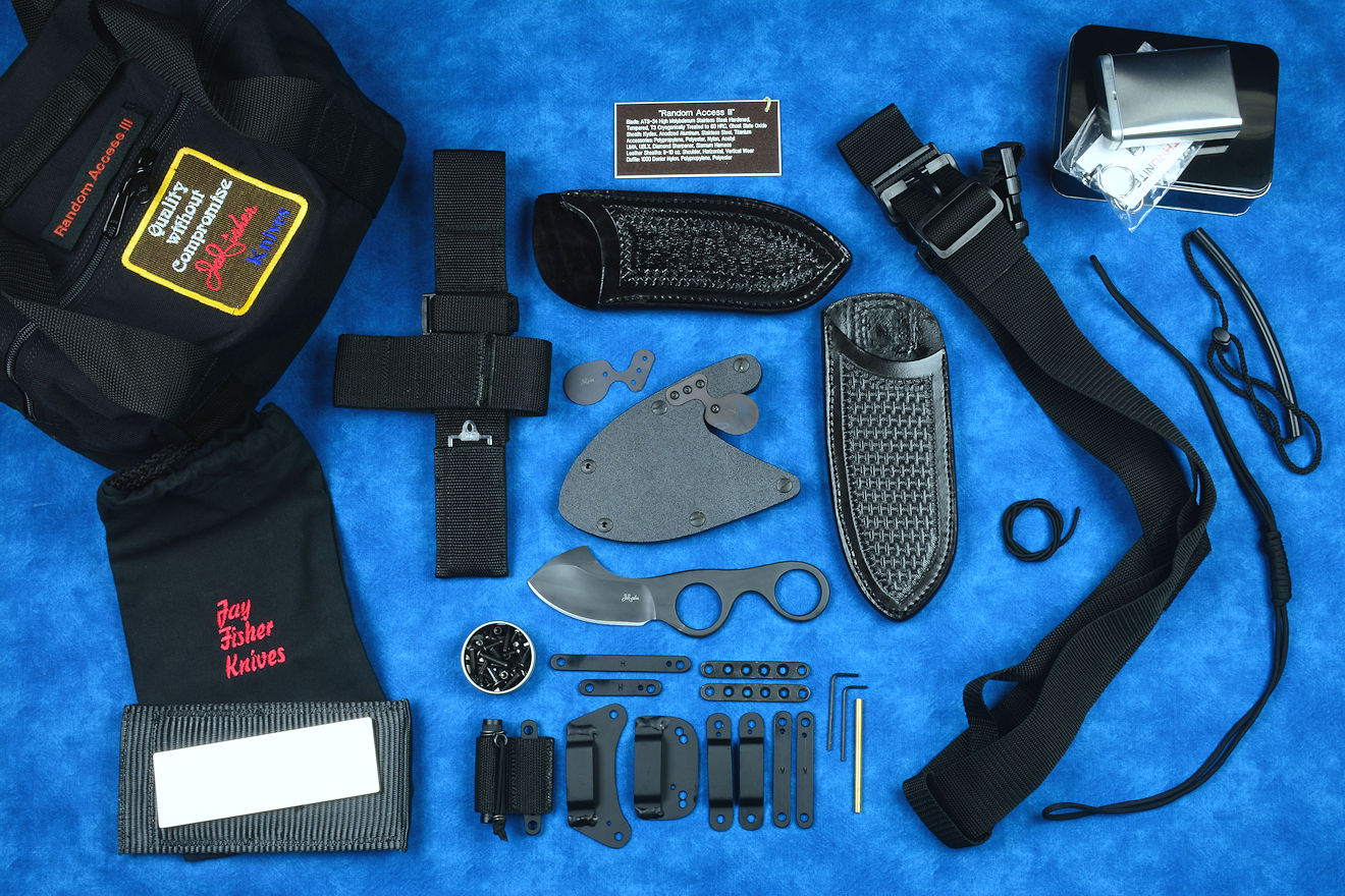 "Random Access III" professional tactical, combat, working, counterterrorism knife kit, complete, with UBLX, LIMA, diamond sharpener, leather sheath, sternum harness, lanyards, staps, clamps, hardware, and heavy ballistic nylon duffle "Random Access III" professional tactical, combat, working, counterterrorism knife kit, complete, with UBLX, LIMA, diamond sharpener, leather sheath, sternum harness, lanyards, staps, clamps, hardware, and heavy ballistic nylon duffle