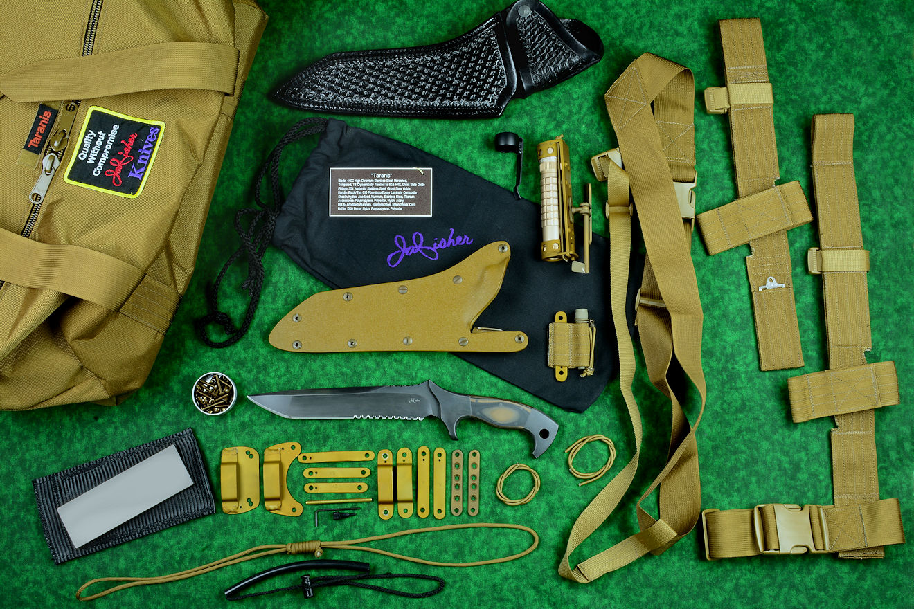 "Taranis" professional tactical, combat, counterterrorism knife kit, complete, with UBLX, EXBLX, HULA, LIMA, diamond sharpener, leather sheath, sternum harness, lanyards, staps, clamps, hardware, and heavy ballistic nylon duffle "Taranis" professional tactical, combat, counterterrorism knife kit, complete, with UBLX, EXBLX, HULA, LIMA, diamond sharpener, leather sheath, sternum harness, lanyards, staps, clamps, hardware, and heavy ballistic nylon duffle