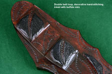 "Ananke" fine custom handmade knife, obverse side view in ATS-34 high molybdenum stainless steel blade, 304 stainless steel bolsters, Kambaba Jasper gemstone handle, hand-carved leather sheath inlaid with buffalo skin