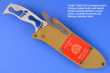 "PJSK" Viper Combat Control Team tactical combat knife, obverse side view in 440C high chromium stainless steel blade, hybrid tension-locking sheath in coyote kydex, tan stainless steel, anodized aluminum, titanium
