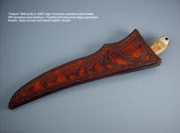 "Volans" fillet knife in stainless steel, fossilized cretaceous period algae gemstone (chalcedony), hand-carved leather sheath
