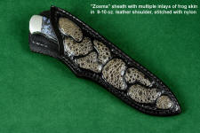 "Zosma" sheathed view in T3 deep cryogenically treated 440C high chromium martensitic stainless steel blade, 304 stainless steel bolsters, Texas Moss Agate gemstone handle, sheath in leather shoulder inlaid with frog skin, nylon stitching